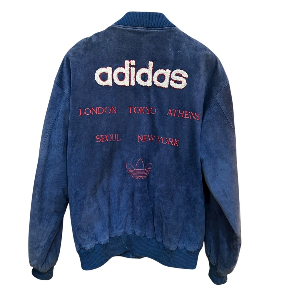 Vintage‎ Adidas Suede Bomber Jacket City Series Embroidered Blue Trefoil Logo M